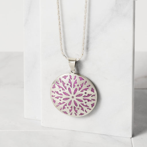 Etched Silver & Purple Medallion Pendant Necklace