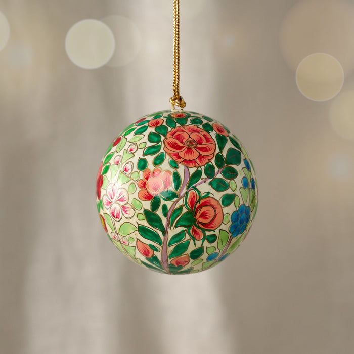 Ameer Paper Mache Ball Ornament - Floral on White 1