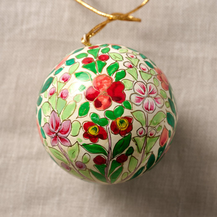 Ameer Paper Mache Ball Ornament - Floral on White 2