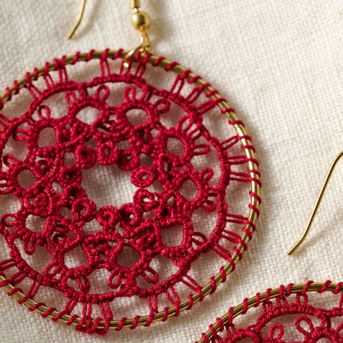 Red Medallion Tatted Drop Earrings 3