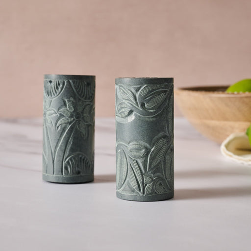 Valli Carved Palewa Stone Salt + Pepper Shakers