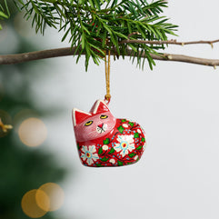 Painted Floral Cat Paper Mache Ornament