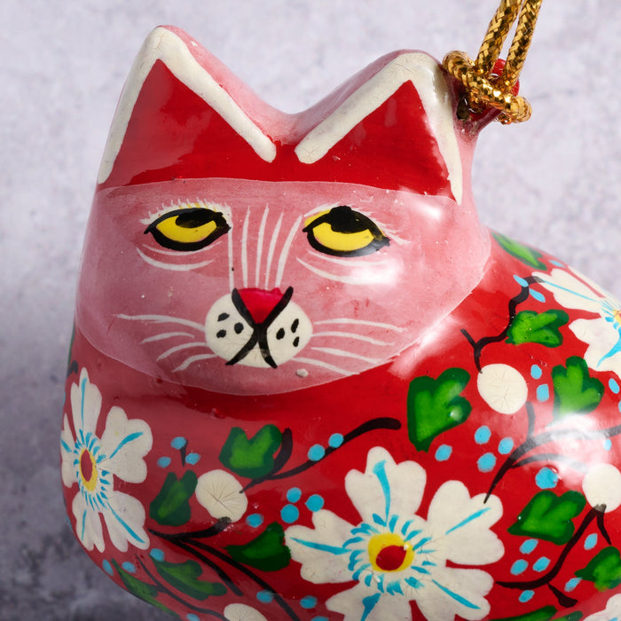 Painted Floral Cat Paper Mache Ornament 2