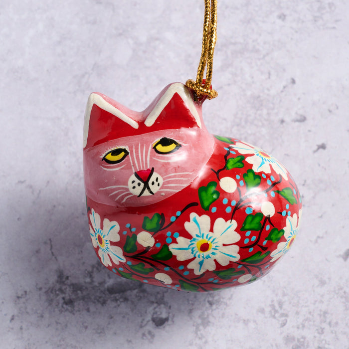 Painted Floral Cat Paper Mache Ornament 3