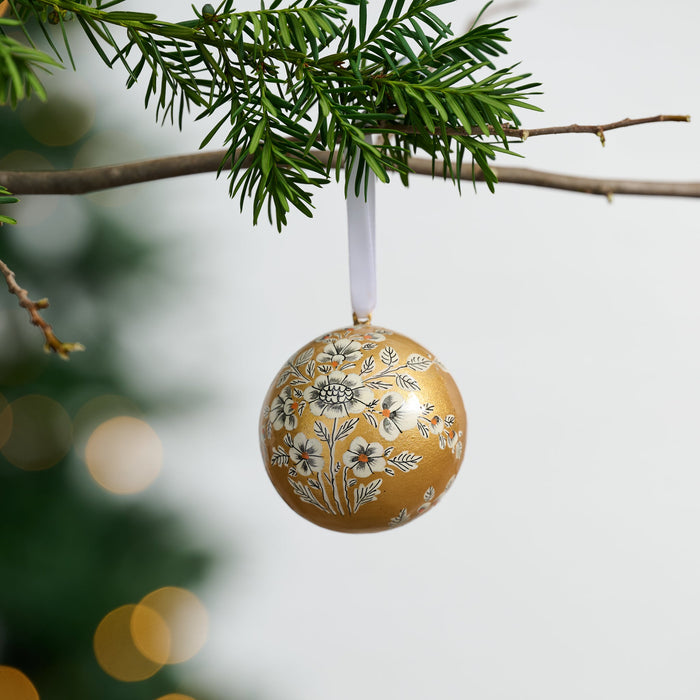 Painted Gold Florals Paper Mache Ball Ornament 1