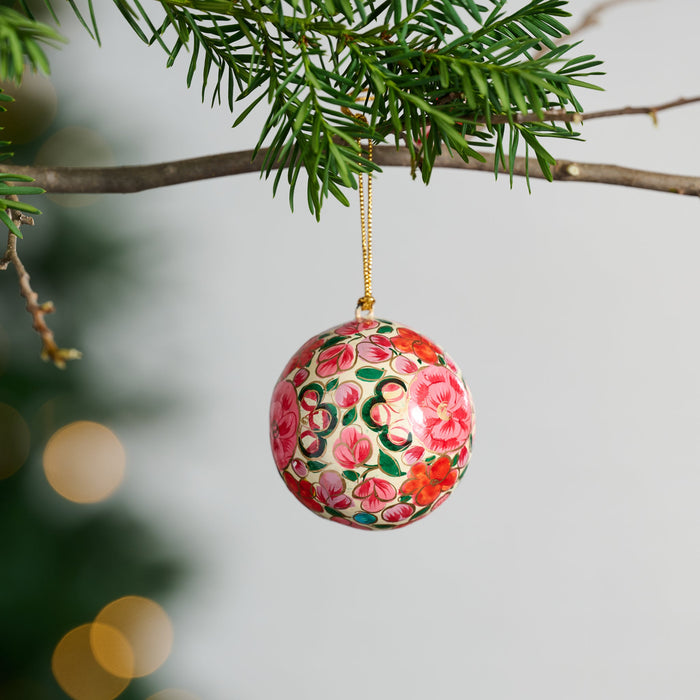 Painted Bright Florals Paper Mache Ball Ornament 1